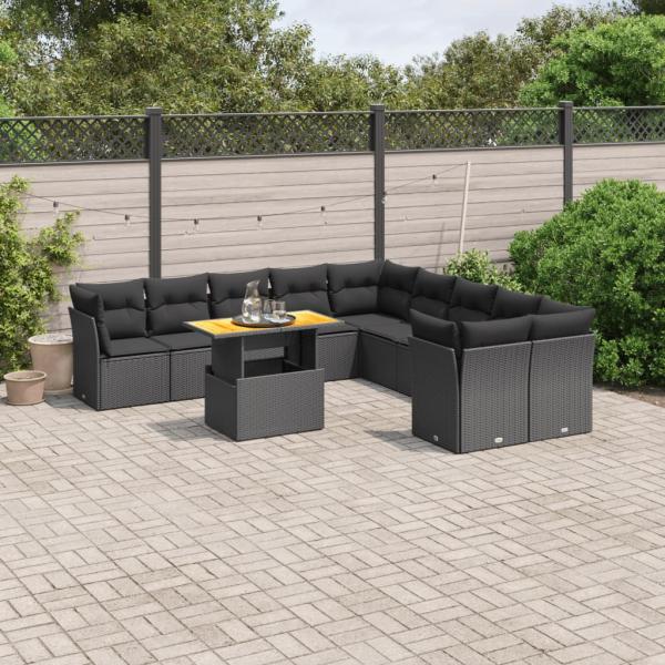 ARDEBO.de - 11-tlg. Garten-Sofagarnitur mit Kissen Schwarz Poly Rattan