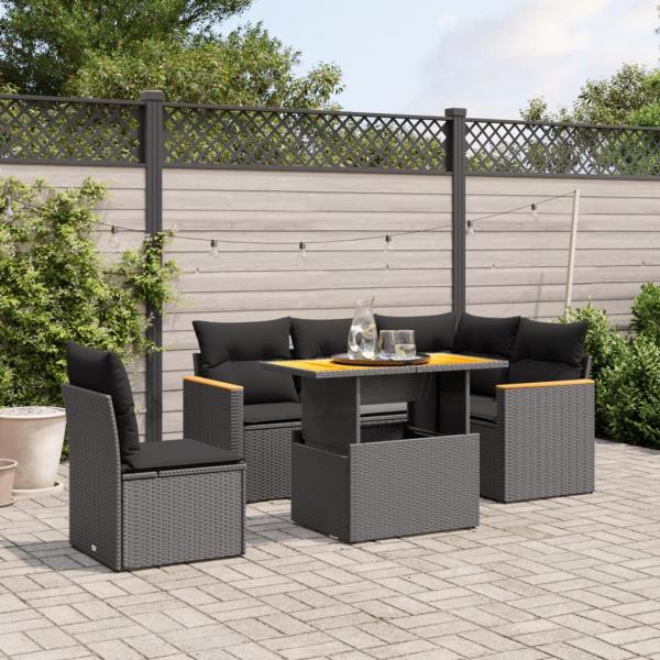 ARDEBO.de - 6-tlg. Garten-Sofagarnitur mit Kissen Schwarz Poly Rattan