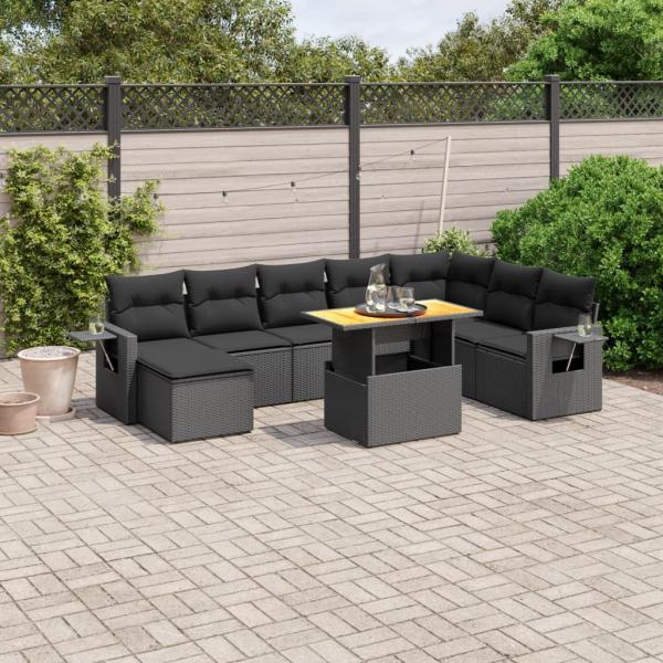 ARDEBO.de - 9-tlg. Garten-Sofagarnitur mit Kissen Schwarz Poly Rattan