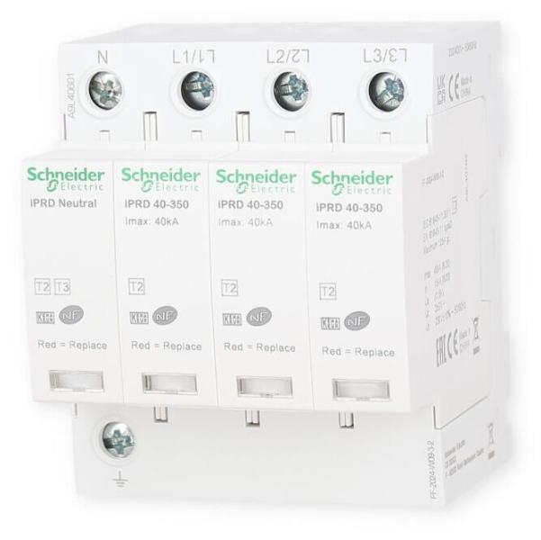 Schneider Electric iPRD40r Überspannungsableiter Typ 2, steckbare Schutzmodule, 3P+N, Imax 40kA (A9L40601)