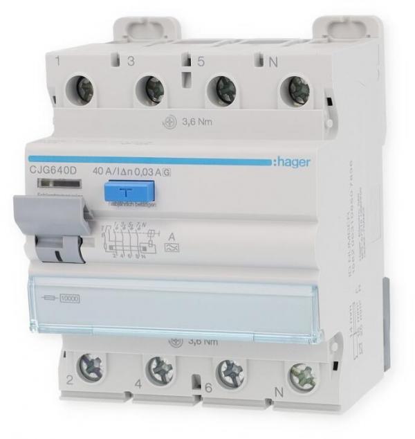 ARDEBO.de Hager CJG640D Fehlerstromschutzschalter 4 polig 10kA 40A 30mA Typ A G