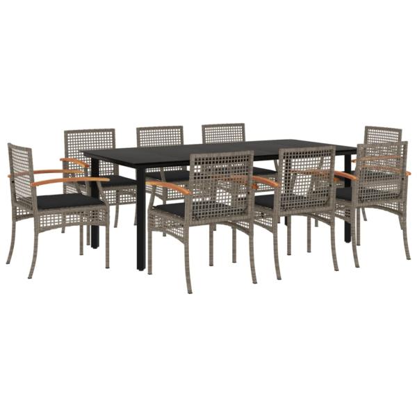 9-tlg. Garten-Essgruppe mit Kissen Grau Poly Rattan