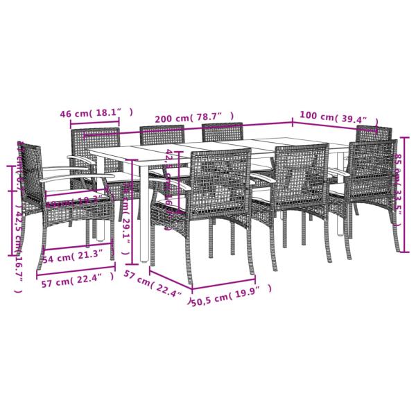 9-tlg. Garten-Essgruppe mit Kissen Grau Poly Rattan