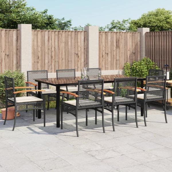 ARDEBO.de - 9-tlg. Garten-Essgruppe mit Kissen Schwarz Poly Rattan