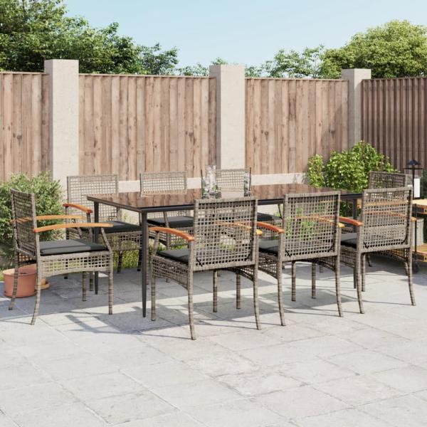 ARDEBO.de - 9-tlg. Garten-Essgruppe mit Kissen Grau Poly Rattan