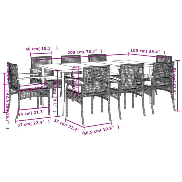 9-tlg. Garten-Essgruppe mit Kissen Grau Poly Rattan