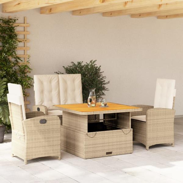 ARDEBO.de - 4-tlg. Garten-Essgruppe mit Kissen Beige Poly Rattan