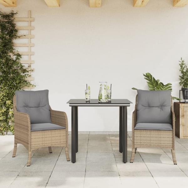 ARDEBO.de - 3-tlg. Garten-Essgruppe mit Kissen Beige Poly Rattan