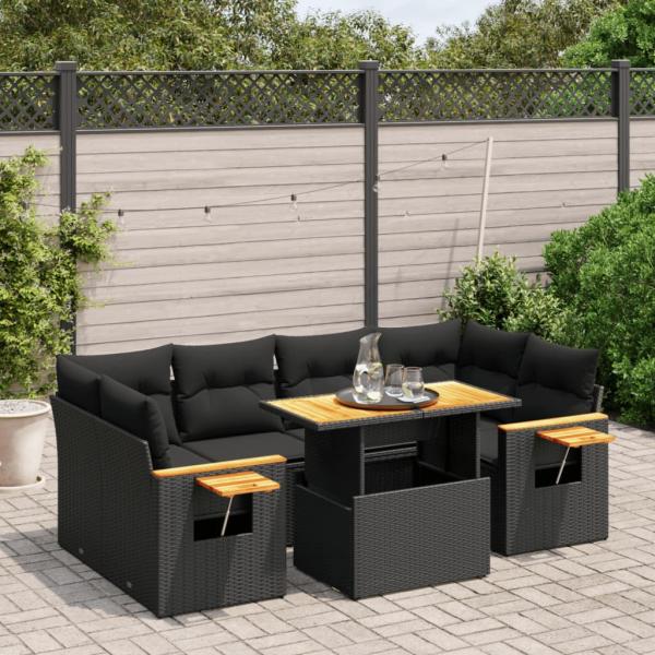 ARDEBO.de - 7-tlg. Garten-Sofagarnitur mit Kissen Schwarz Poly Rattan