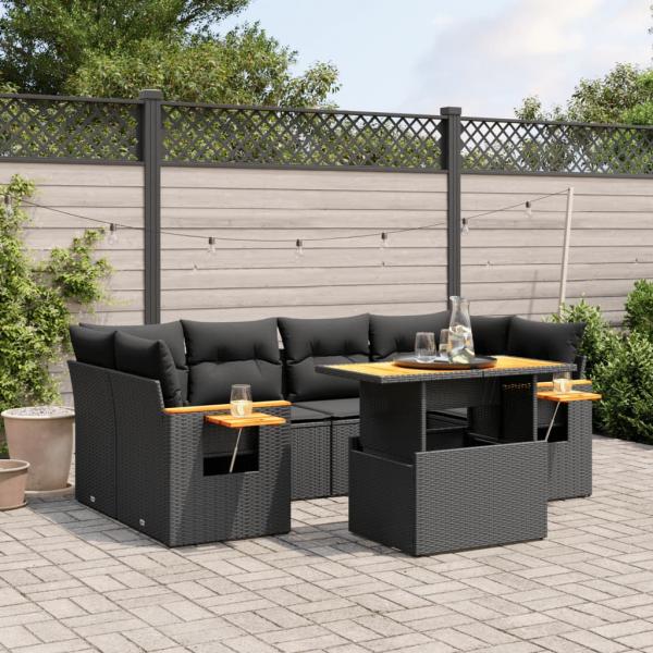 ARDEBO.de - 7-tlg. Garten-Sofagarnitur mit Kissen Schwarz Poly Rattan