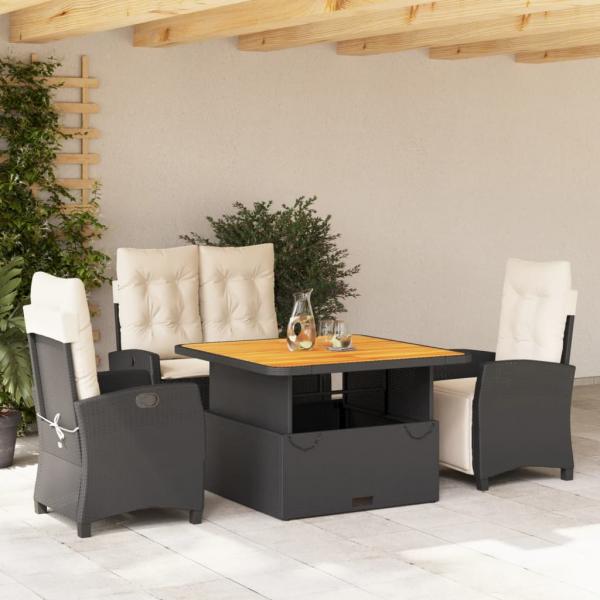 ARDEBO.de - 4-tlg. Garten-Essgruppe mit Kissen Schwarz Poly Rattan