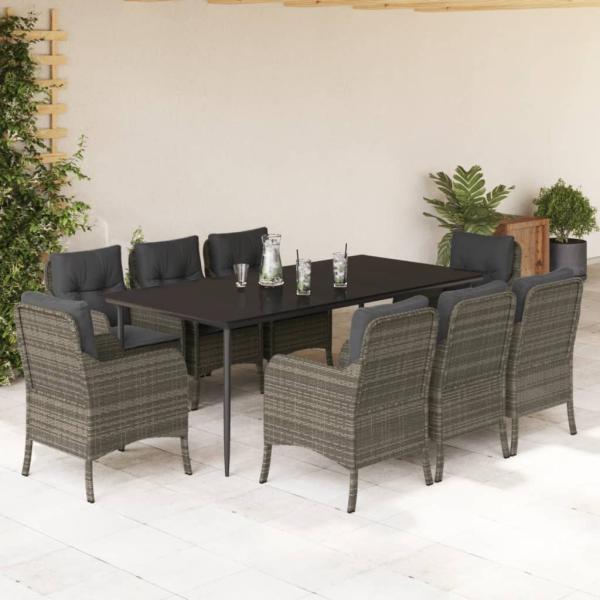 ARDEBO.de - 9-tlg. Garten-Essgruppe mit Kissen Grau Poly Rattan