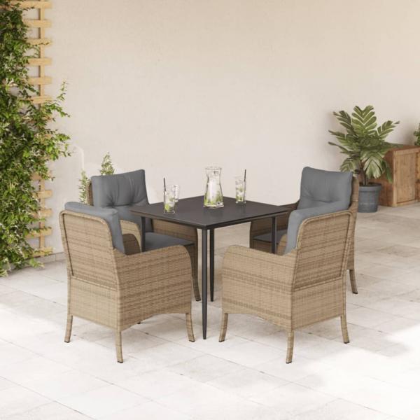 ARDEBO.de - 5-tlg. Garten-Essgruppe mit Kissen Beige Poly Rattan