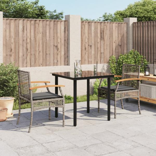 ARDEBO.de - 3-tlg. Garten-Essgruppe mit Kissen Grau Poly Rattan