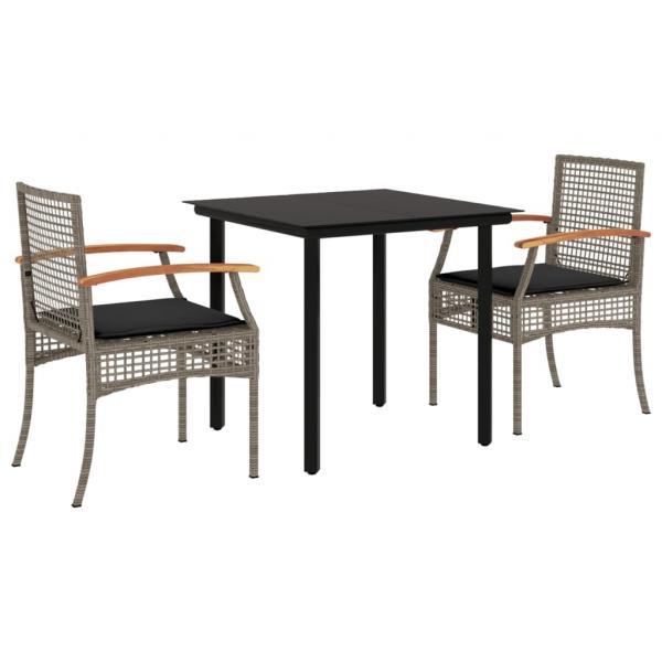 3-tlg. Garten-Essgruppe mit Kissen Grau Poly Rattan