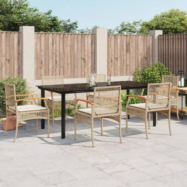 ARDEBO.de - 7-tlg. Garten-Essgruppe mit Kissen Beige Poly Rattan