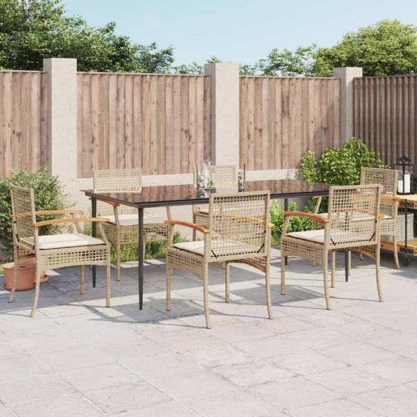 ARDEBO.de - 7-tlg. Garten-Essgruppe mit Kissen Beige Poly Rattan