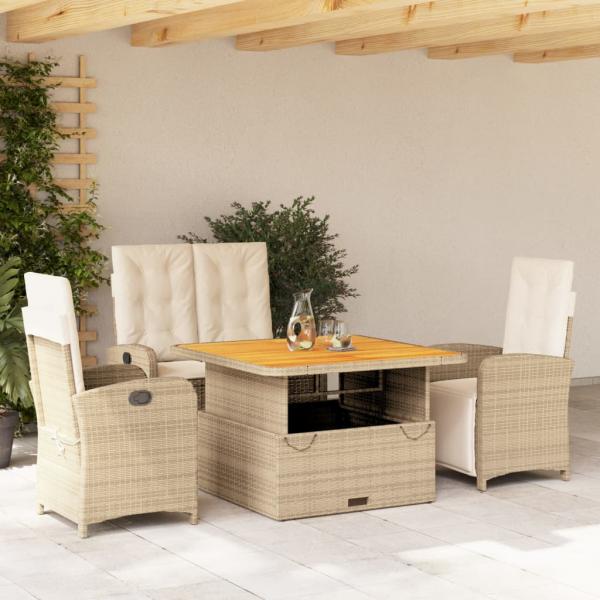 ARDEBO.de - 4-tlg. Garten-Essgruppe mit Kissen Beige Poly Rattan