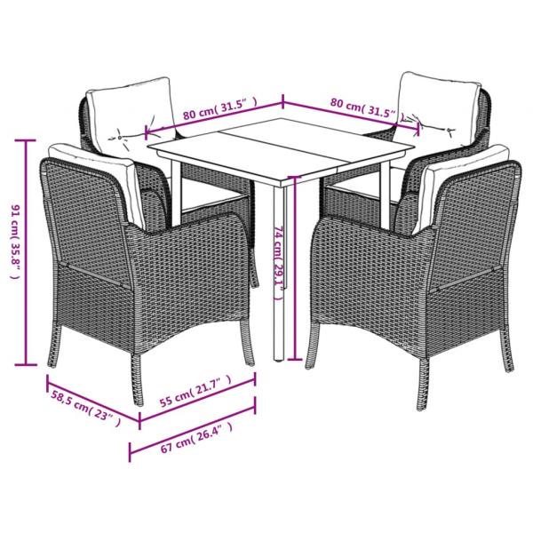 5-tlg. Garten-Essgruppe mit Kissen Schwarz Poly Rattan