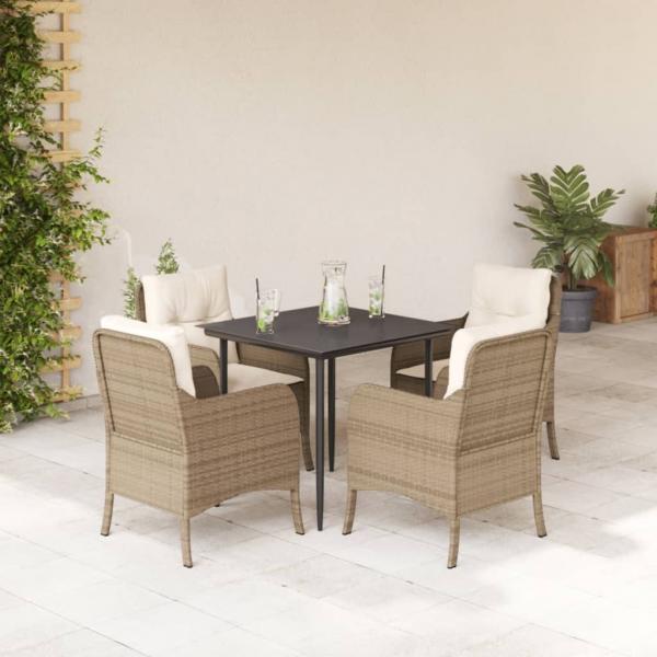 ARDEBO.de - 5-tlg. Garten-Essgruppe mit Kissen Beige Poly Rattan