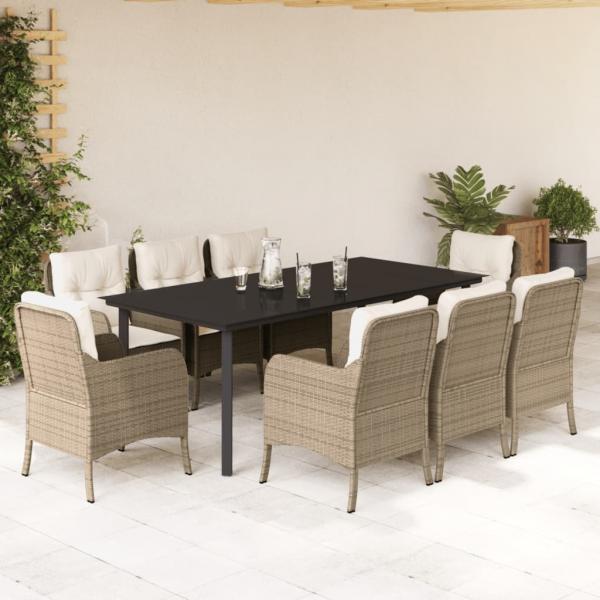 ARDEBO.de - 9-tlg. Garten-Essgruppe mit Kissen Beige Poly Rattan