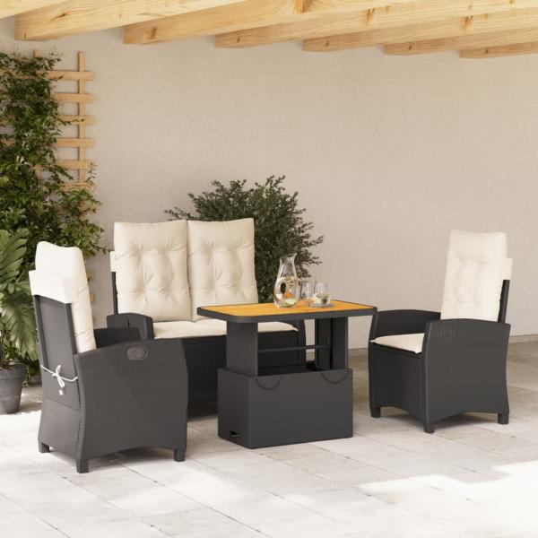 ARDEBO.de - 4-tlg. Garten-Essgruppe mit Kissen Schwarz Poly Rattan