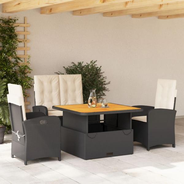 ARDEBO.de - 4-tlg. Garten-Essgruppe mit Kissen Schwarz Poly Rattan