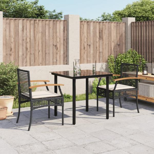 ARDEBO.de - 3-tlg. Garten-Essgruppe mit Kissen Schwarz Poly Rattan