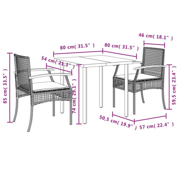 3-tlg. Garten-Essgruppe mit Kissen Schwarz Poly Rattan