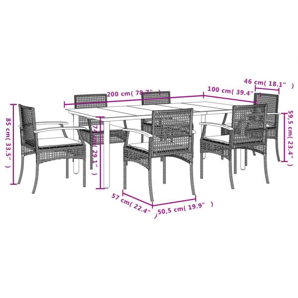 7-tlg. Garten-Essgruppe mit Kissen Schwarz Poly Rattan