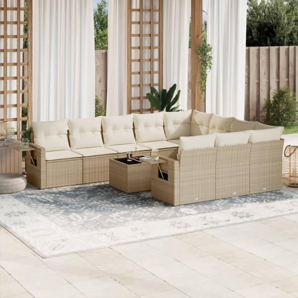 ARDEBO.de - 11-tlg. Garten-Sofagarnitur mit Kissen Beige Poly Rattan