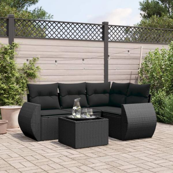 ARDEBO.de - 5-tlg. Garten-Sofagarnitur mit Kissen Schwarz Poly Rattan