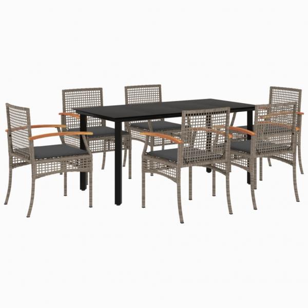 7-tlg. Garten-Essgruppe mit Kissen Grau Poly Rattan