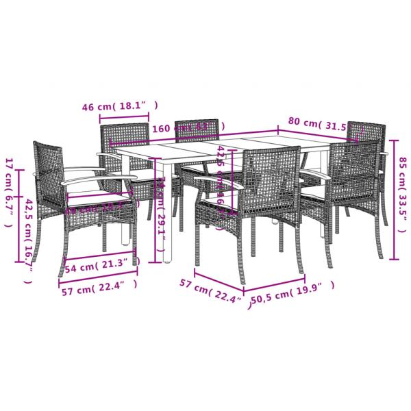 7-tlg. Garten-Essgruppe mit Kissen Grau Poly Rattan