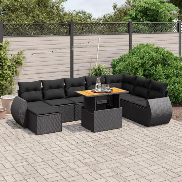 ARDEBO.de - 9-tlg. Garten-Sofagarnitur mit Kissen Schwarz Poly Rattan