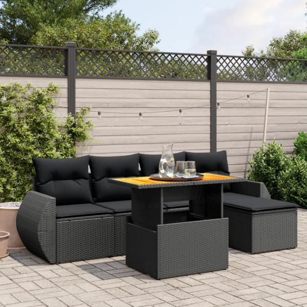 ARDEBO.de - 6-tlg. Garten-Sofagarnitur mit Kissen Schwarz Poly Rattan