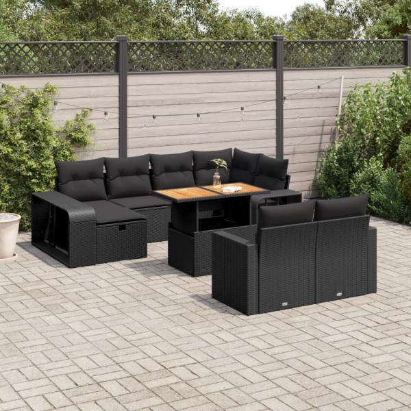 ARDEBO.de - 11-tlg. Garten-Sofagarnitur mit Kissen Schwarz Poly Rattan