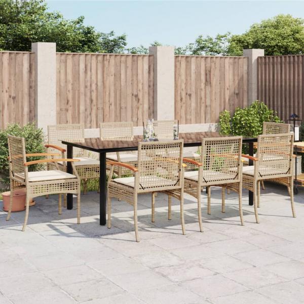ARDEBO.de - 9-tlg. Garten-Essgruppe mit Kissen Beige Poly Rattan