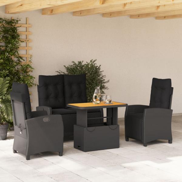 ARDEBO.de - 4-tlg. Garten-Essgruppe mit Kissen Schwarz Poly Rattan