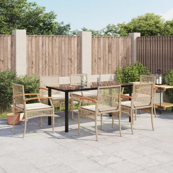 ARDEBO.de - 7-tlg. Garten-Essgruppe mit Kissen Beige Poly Rattan
