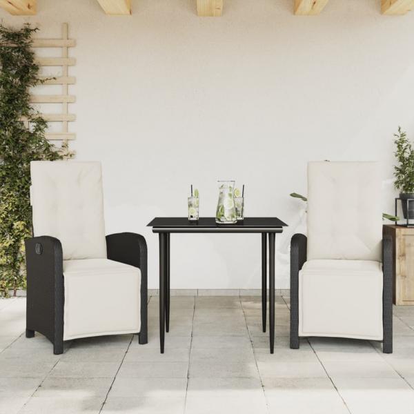 ARDEBO.de - 3-tlg. Bistro-Set mit Kissen Schwarz Poly Rattan