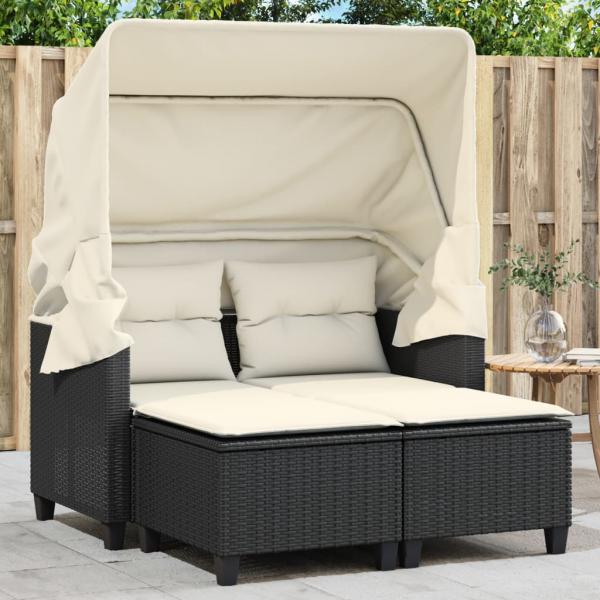 ARDEBO.de - Gartensofa 2-Sitzer mit Dach und Hockern Schwarz Poly Rattan