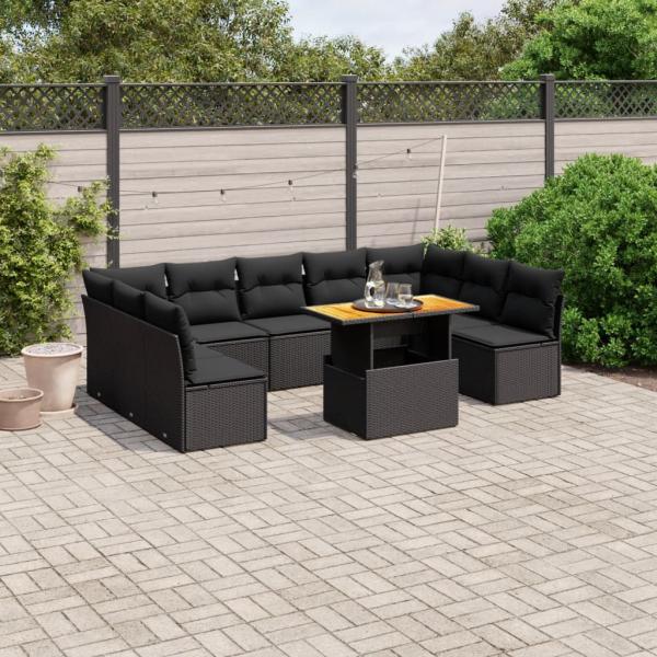 ARDEBO.de - 10-tlg. Garten-Sofagarnitur mit Kissen Schwarz Poly Rattan
