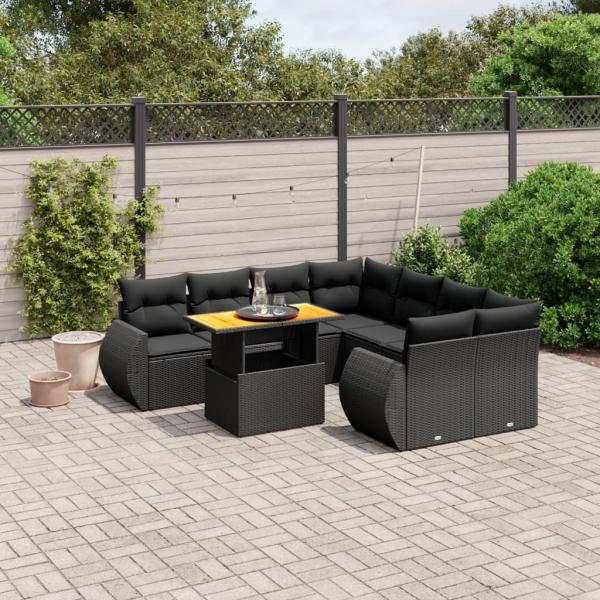 ARDEBO.de - 9-tlg. Garten-Sofagarnitur mit Kissen Schwarz Poly Rattan