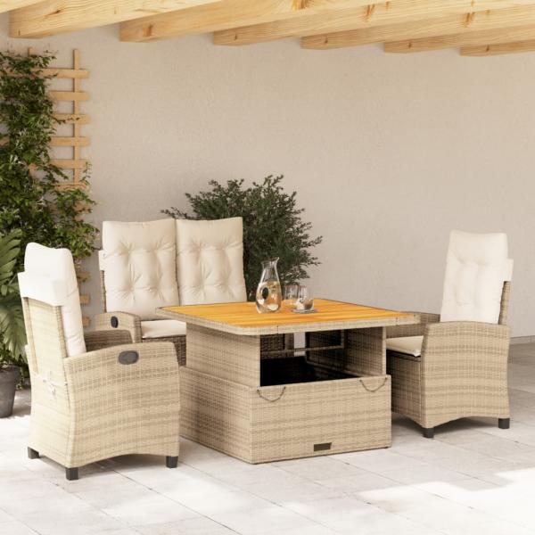 ARDEBO.de - 4-tlg. Garten-Essgruppe mit Kissen Beige Poly Rattan