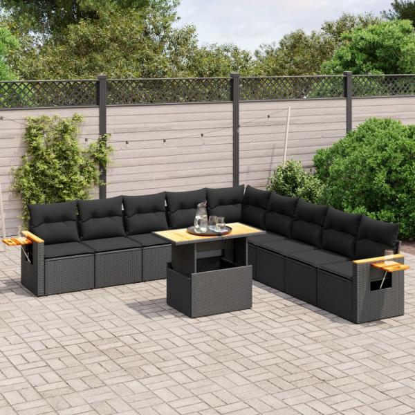 ARDEBO.de - 11-tlg. Garten-Sofagarnitur mit Kissen Schwarz Poly Rattan