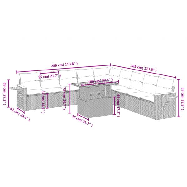11-tlg. Garten-Sofagarnitur mit Kissen Schwarz Poly Rattan