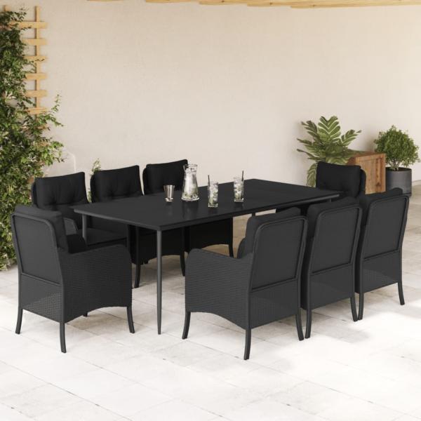 ARDEBO.de - 9-tlg. Garten-Essgruppe mit Kissen Schwarz Poly Rattan