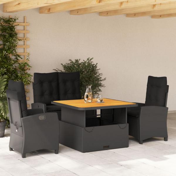 ARDEBO.de - 4-tlg. Garten-Essgruppe mit Kissen Schwarz Poly Rattan