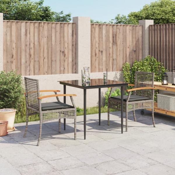 ARDEBO.de - 3-tlg. Garten-Essgruppe mit Kissen Grau Poly Rattan